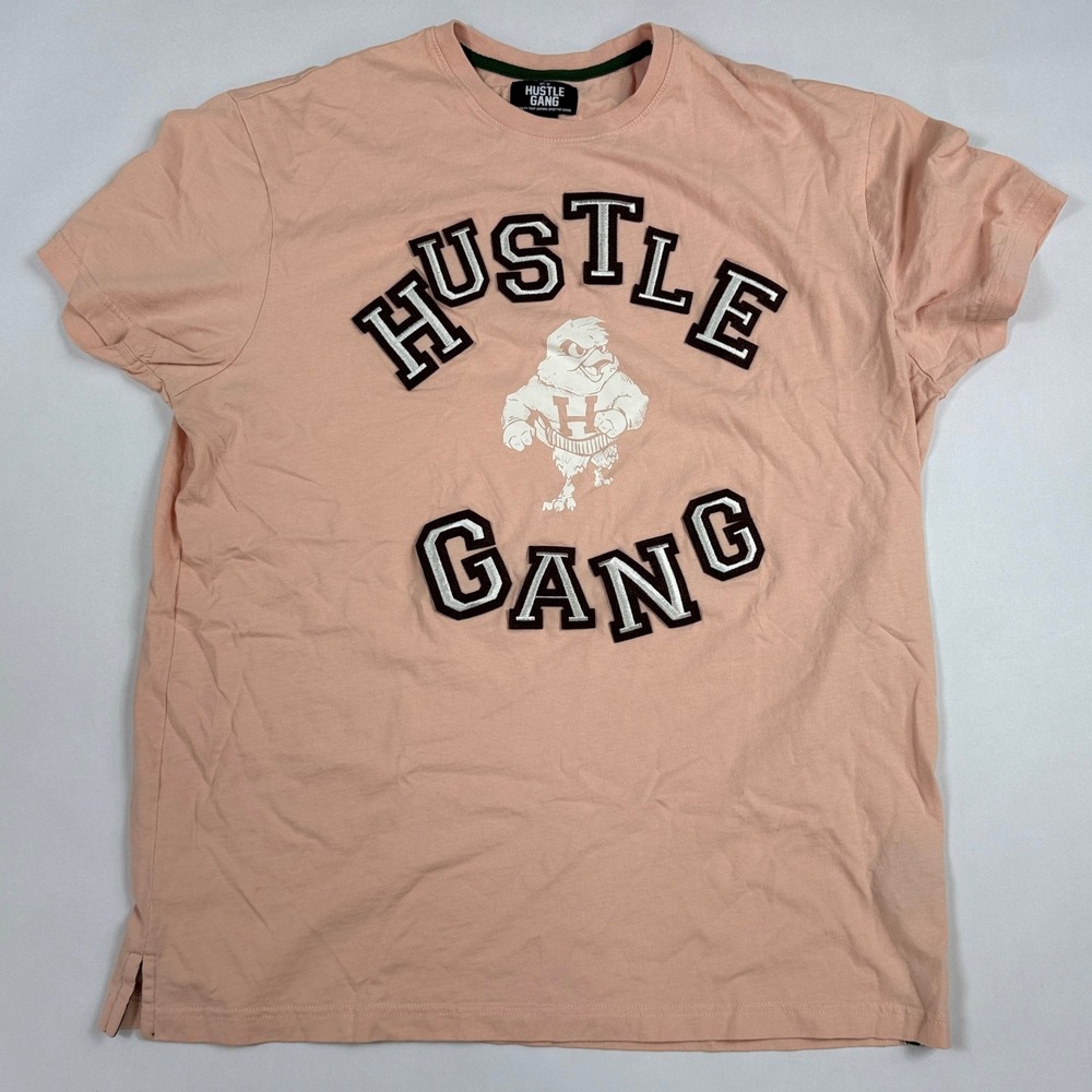 Hustle Gang Mens L Graphic T-Shirt Peach Pink Chenille Spellout Streetwear